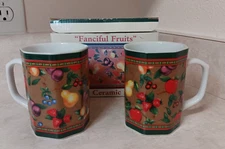 Fruit Wallpaper Ceramic Octagon Mugs (2) Fanciful Fruit 8oz Grandma Core