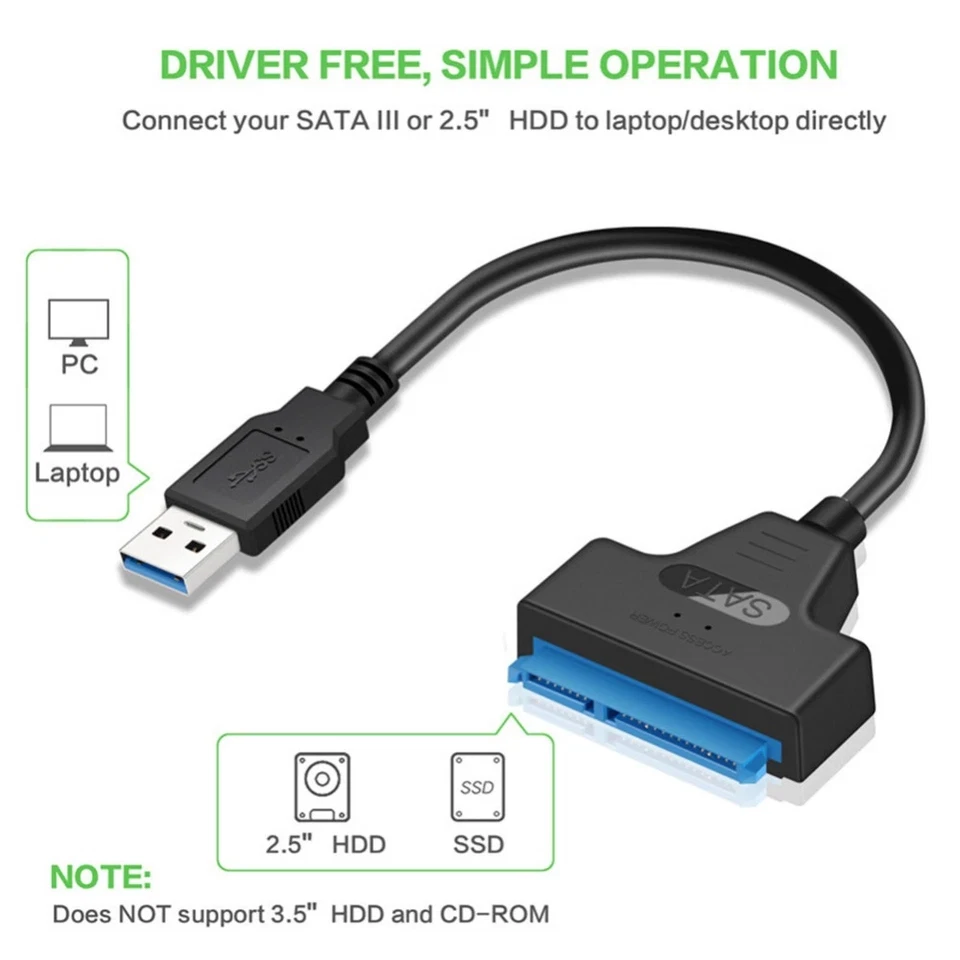 USB SATA Adapter Hard Drive 3.0 - 2.5" Cable HDD SSD Converter III External 3.5" - Image 3 of 4