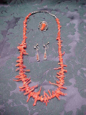 VINTAGE SILVER ENSEMBLE CORAL RING size 7/BRANCH NECKLACE/EARRINGS