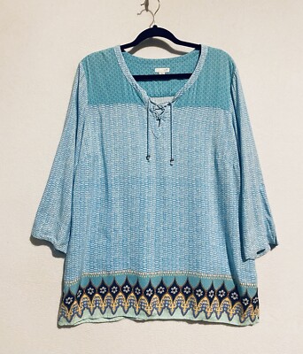 J Jill Top Womens Large Aegean Seashell Lace Up 3/4 Sleeve Boho Peasant Beach