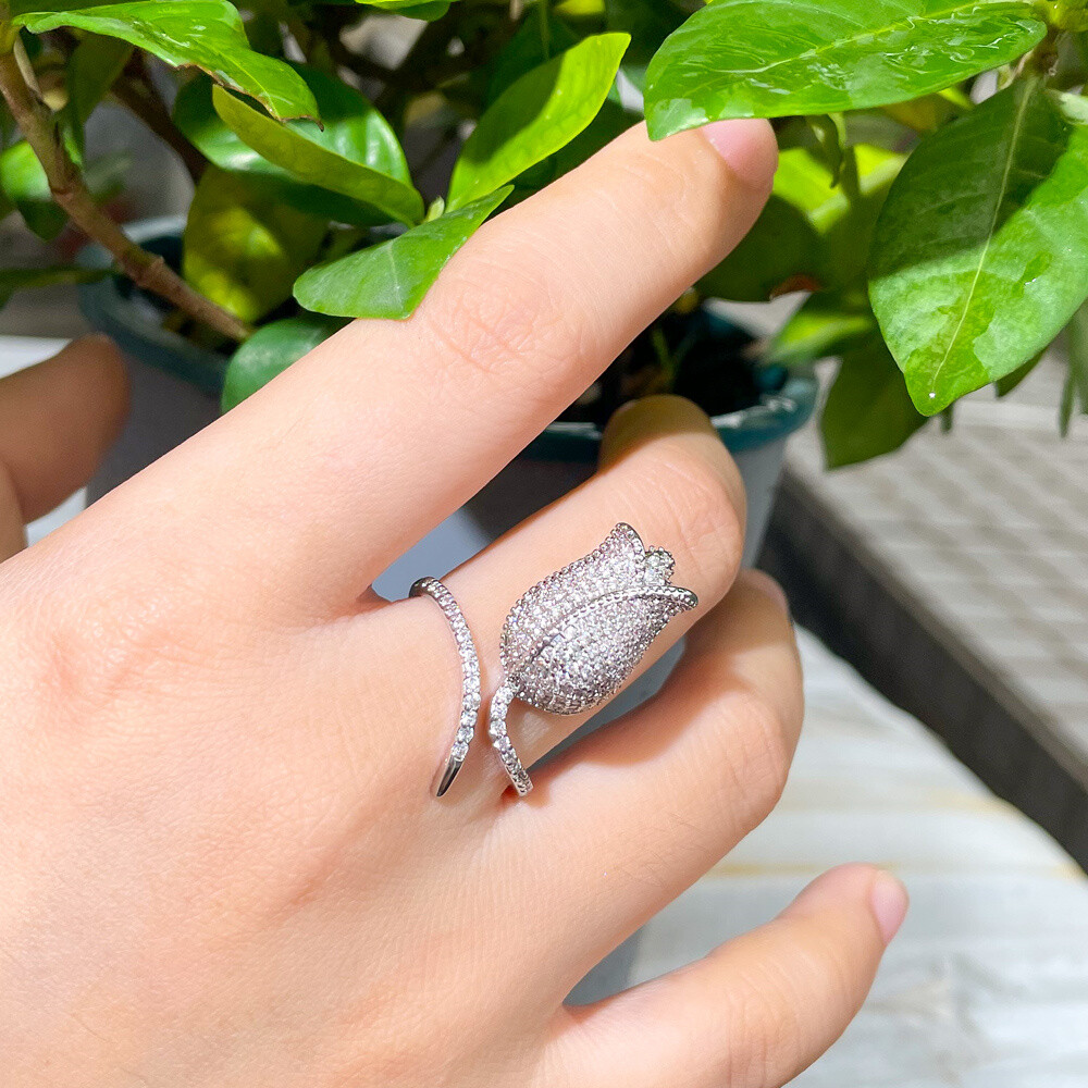 Chic Silver Plated Adjustable CZ Rose Flower Finger Open Ring