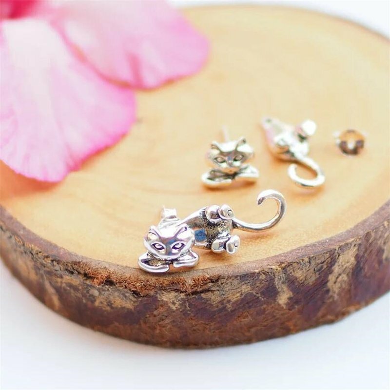 Cute 925 Silver Cat Animals Piercing Earrings Stud Charm