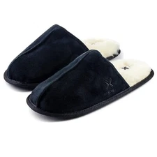 Mens Slippers Slide Black Suede Faux Sheepskin Lined Roxoni 12439 Size 11.5-12.5