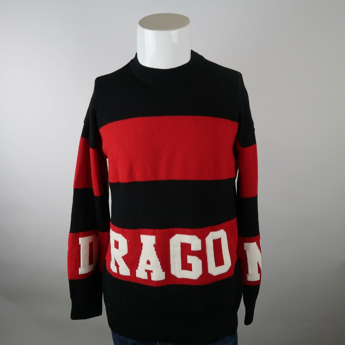 GD's Pick Black Red Crew Neck Striped Dragon Script Tight Knit
