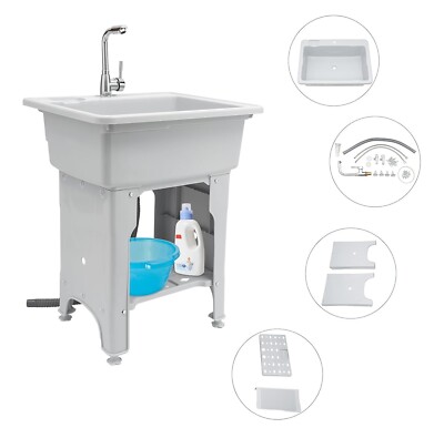 Utility Sink Laundry Tub with Hot & Cold Water Faucet for Home, Garage or Shop