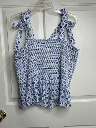J Crew Factory gesmoktes Tanktop Damen XL blau Blumen ärmellos Bindeakzent neu mit Etikett - Bild 2 von 8