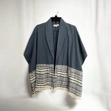Umgee Blue Kimono Cardigan Cream Fringe Trim Women s Size M/L Boxy Boho Beach