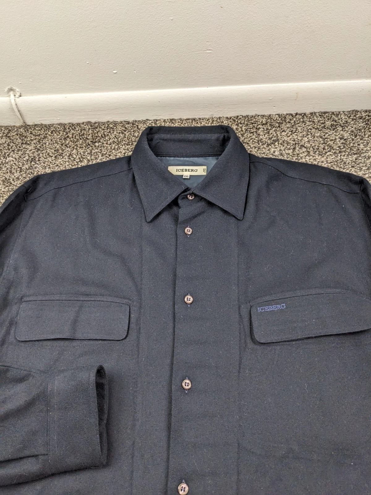 Vintage Iceberg Shirt Jacket Flannel Wool Cashmere Navy Blue Mens 2XL Italy Made - product detail image 2
