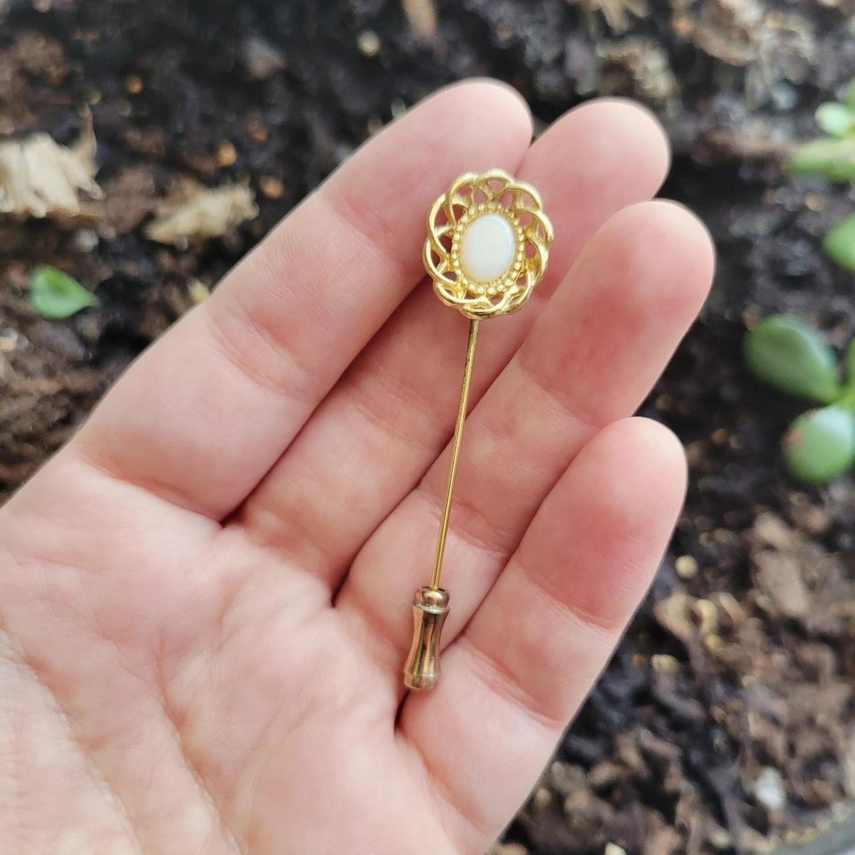 Vintage 18k Solid Yellow Gold Natural Opal Stickpin‎ - Hat pin Halo Oval 750 Antique Bressler & Co. Yellow Gold Opal Stick Pin main image 3