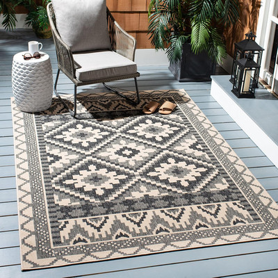 SAFAVIEH Washable Rug Outdoor Veranda Collection - 4' X 5'7'', Beige & Grey, Non-