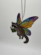 Raccoon Fairy Butterfly Wings Reading Book Suncatcher Acrylic Charm 3x4in
