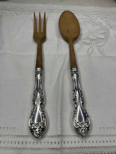 Gorham Chantilly Sterling Silver Wooden SALAD SERVING SET FORK & SPOON NO MONOS