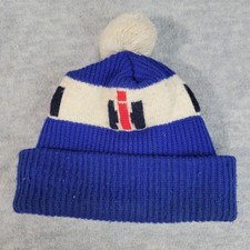 Vtg International Harvester Beanie Hat Pom Pom Blue White Logo Rare Color