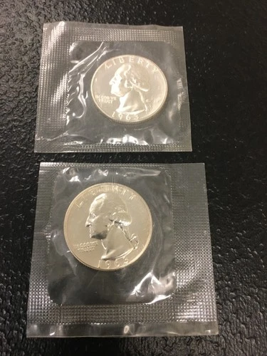 Two BU 1963 Washington Silver Quarters Brilliant Uncirculated Sealed -2 coins