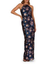 Adrianna Papell ADAE12510 Halter Floral Sequin Gown Sz 10 Navy Multi 370