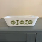 Vintage Pyrex White Milk Glass Loaf Dish Rectangle Green Geometric Pattern