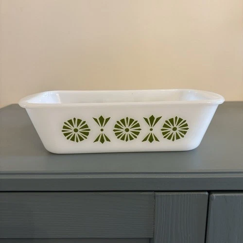 Vintage Pyrex White Milk Glass Loaf Dish Rectangle Green Geometric Pattern