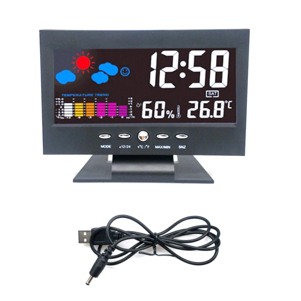 LED-Digitaluhr mit Thermometer-Hygrometer-Wetteranzeige & Sprachsteuerung - Bild 2 von 4
