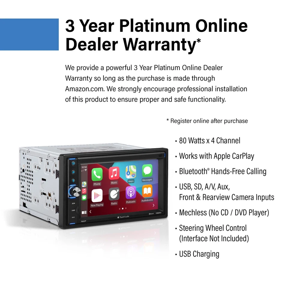 P62CP Car Audio Stereo System - Apple CarPlay, 6.2 Inch Double Din, Touchscre... - Image 3 of 4