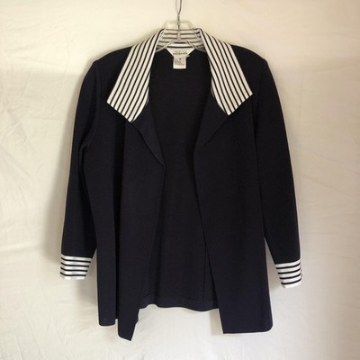 Misook Jacket Womens Medium Navy Striped Collar Open Front Knit Blazer Nautical