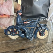 Vintage 1930s Champion Cast Iron Police Toy Motorcycle 7" Long