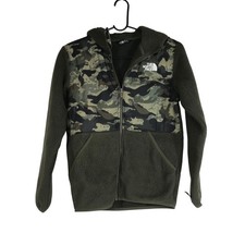 The North Face Kids Fleece Jacket Camo Front Zip Hooded Green XL TG 14 16