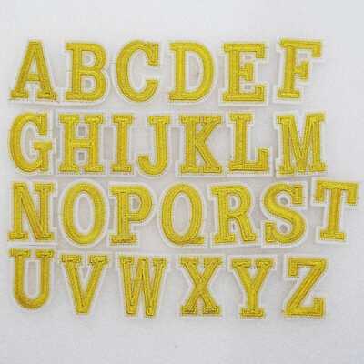WÄHLEN SIE 2 BUCHSTABEN Motiv zum Aufbügeln oder Aufnähen 45mm Metallic Gold Genäht Name Sport Team 067D