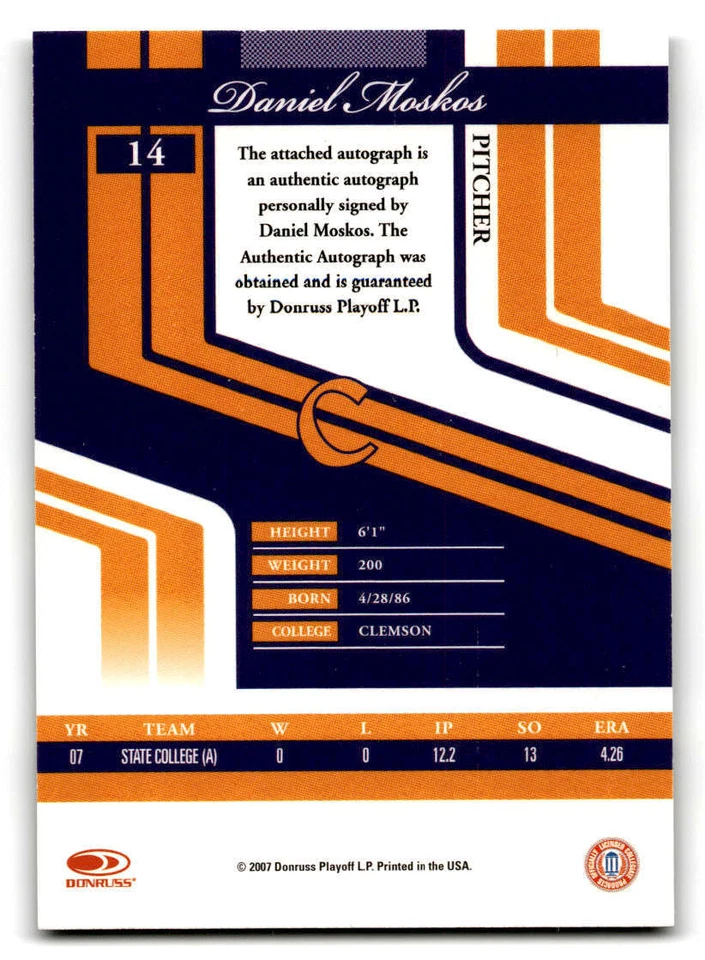 2007 Donruss Elite Extra Edition Signature #14 Daniel Moskos/500 (ref 205504) - Image 2 of 2