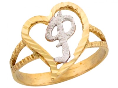 10k or 14k Two Tone Gold Fancy Cursive Letter P Unique Heart Initial Ring