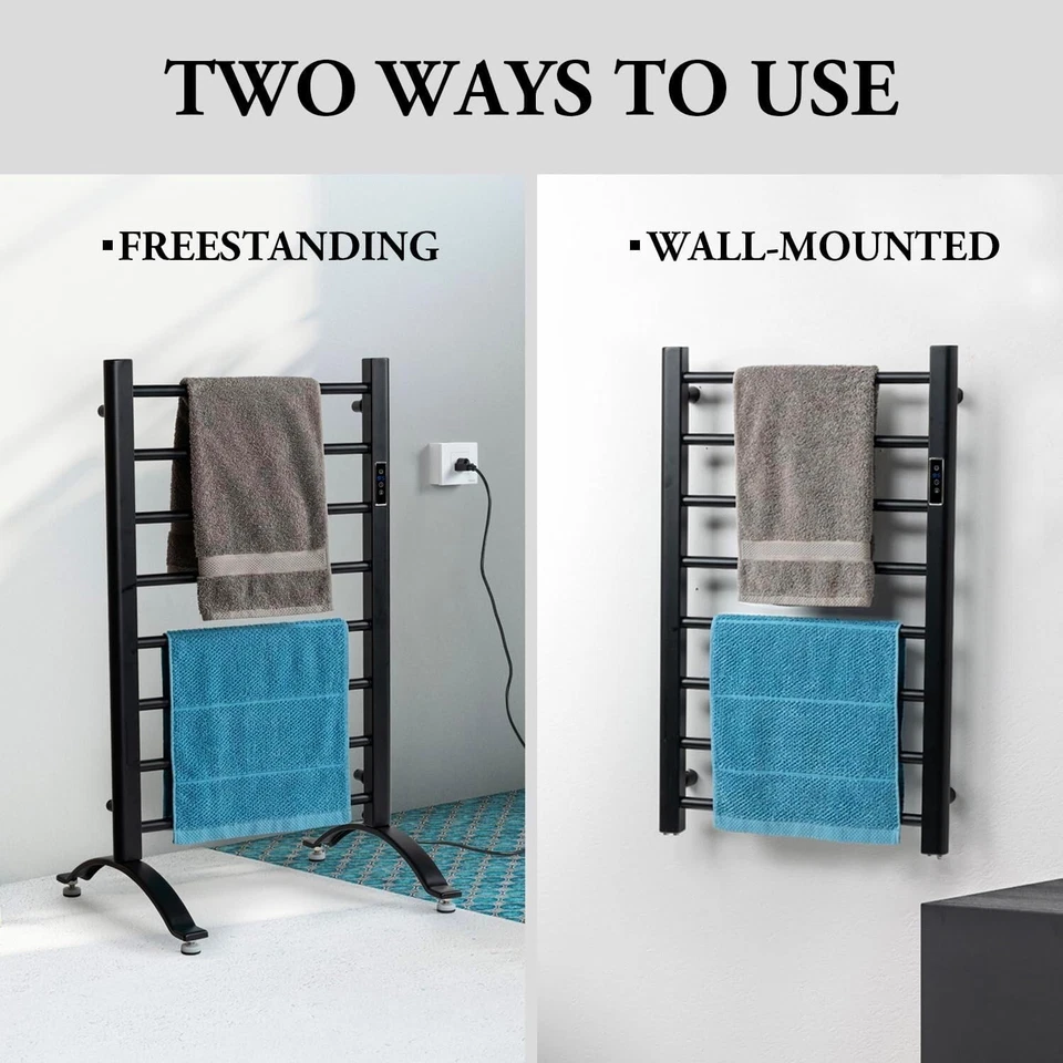 Calentador de toallas independiente o montado en la pared de acero al carbono negro, estante de calentamiento Foto 2 de 4