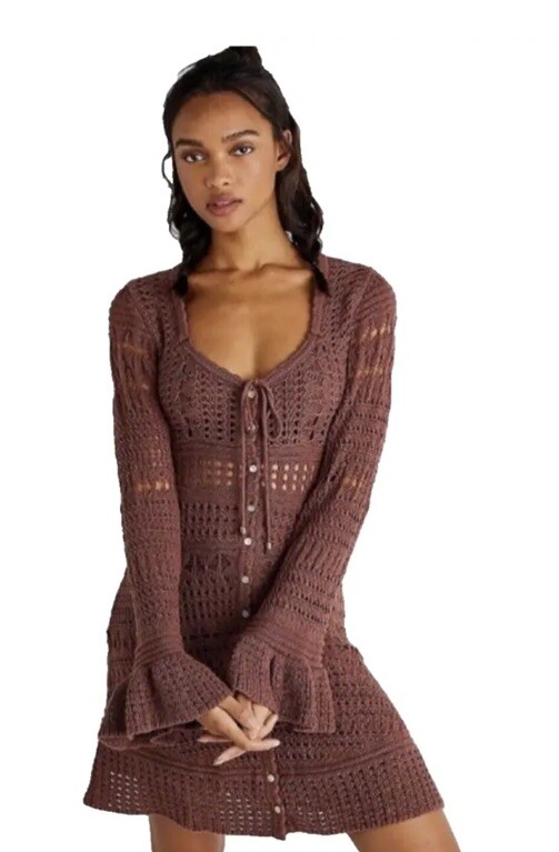 Free People Sedona Crochet Mini Dress Small Taupe Brown Bell Sleeves Lined  | eBay