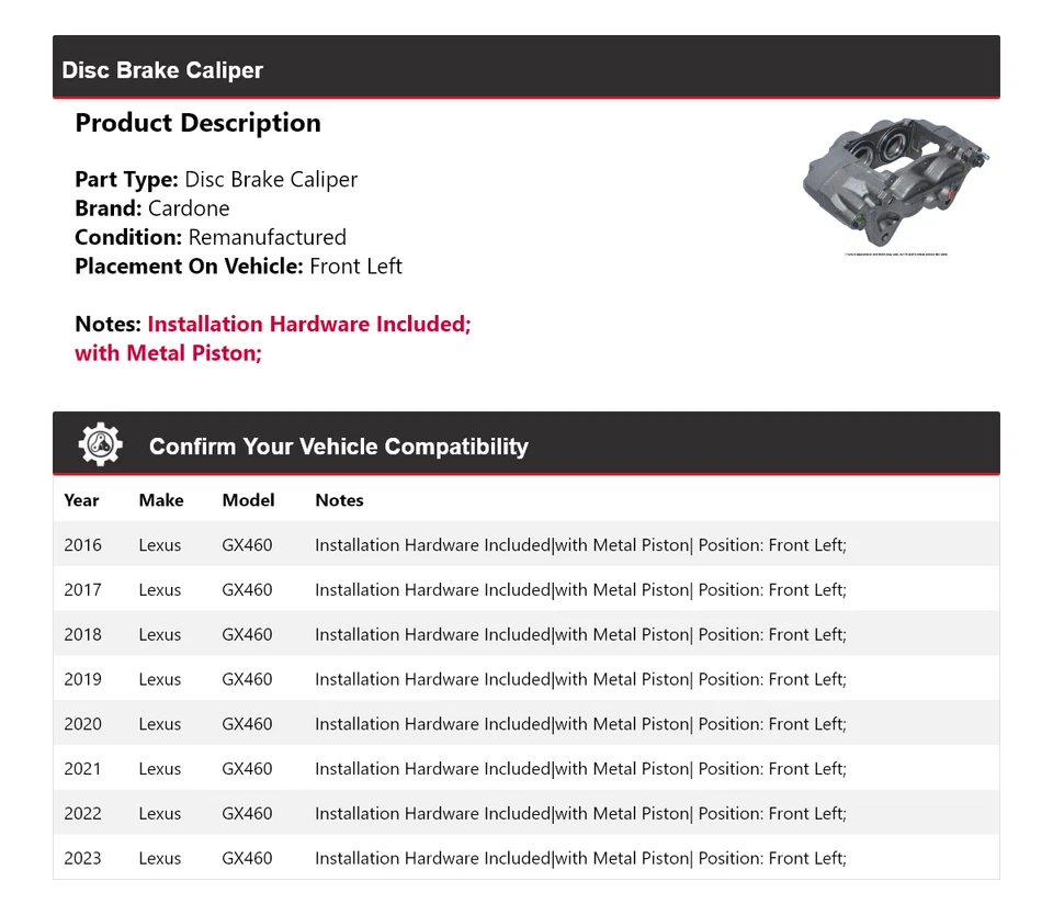 Pinça de freio a disco dianteira esquerda Cardone 2017 2018 2019 para 2016-2023 Lexus GX460 - Imagem 2 de 4