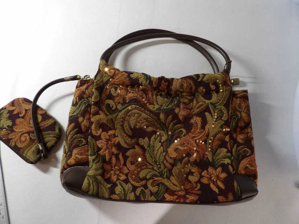 Paradox Tapestry Purse Shoulder Bag Brown Floral Sequins Woven Double Handle - Image 4 of 4