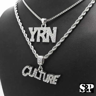 Hip Hop Migos Iced Bling CULTURE, YRN Pendants & Box, Rope Chain 2 Necklace set