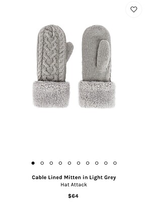 Cable Lined Mitten gloves in Light Grey Retail $64