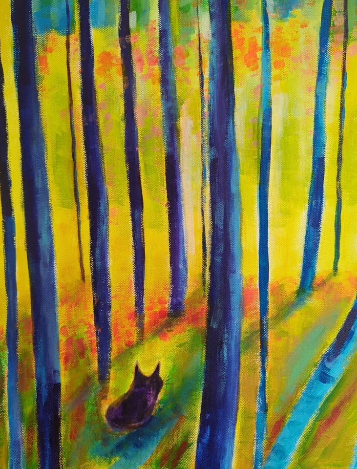 Paisaje Árboles Gato Pintura Original Coleccionable Arte Forestal Samantha McLean Foto 2 de 4