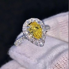 14K White Gold Plated 2.22Ct Pear Cut Lab-Created Citrine Halo Wedding Ring