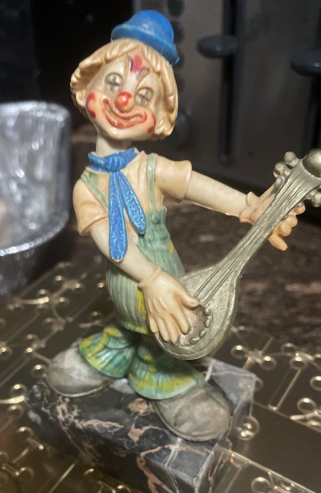 Fontanini Clown Playing Lute Vintage Made in Italy Marble Base