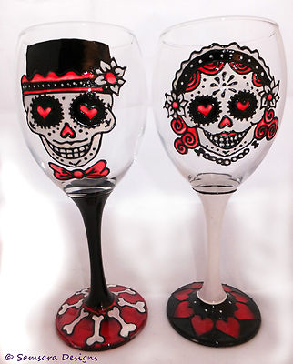 Tag der Toten Braut & Bräutigam Weinglas Día de Muertos Hochzeit Sugar Skull LGBT