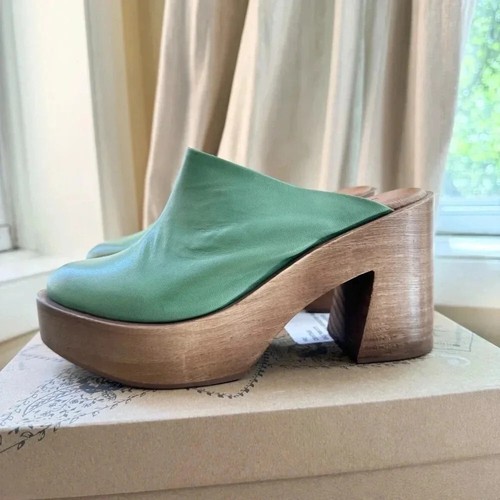 New Free People Suki Platform Clogs Wood Leather Heeled in Coral Green Sz 7.5 - Picture 5 of 11