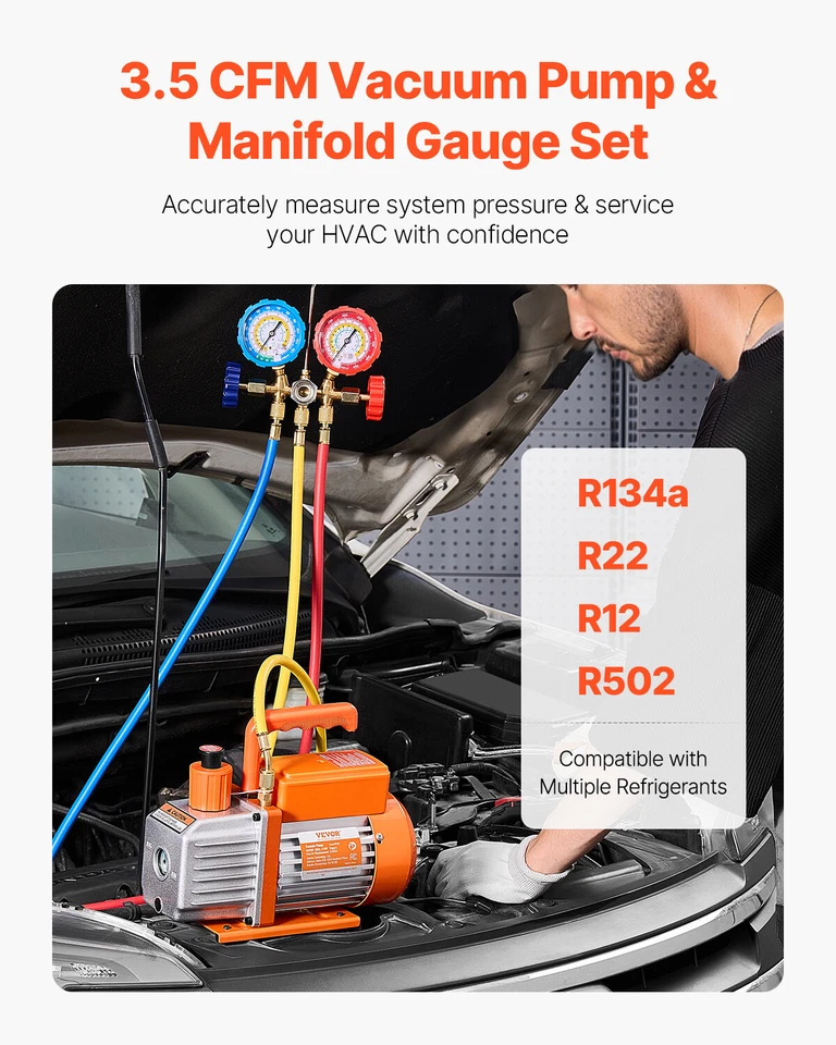 VEVOR Kit Pompe à Vide CVC 1 Étage avec Jauges de Collecteur et Tuyaux 99 L/min - Photo 2/4