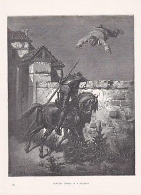 1870 GUSTAVE DORE Druck - ''Sancho in eine Decke geworfen'' - 8,5 x 12,8 Zoll
