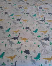 The Land of Nod Full Flat Sheet Dinosaur Print White Green Blue Gray Bedding
