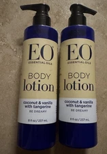 2-EO Essential Oils Body Lotion Coconut & Vanilla with Tangerine 8 oz Each NEW