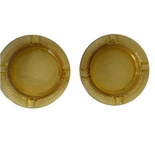 (2) Vintage Round Ashtray Amber Gold Ribbed Glass Yellow 4 1/2 Inch