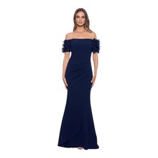 XSCAPE Elegant Navy Off-Shoulder Evening Gown Ruffle Sleeves Size 14