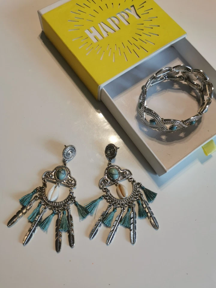Modeschmuck Set, Silber, Ohrringe Und Armreif Mit Elastikband, Neuwertig