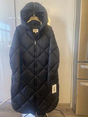 dkny women black hooded down puffer coat full zip mid length size S DL4MPV41