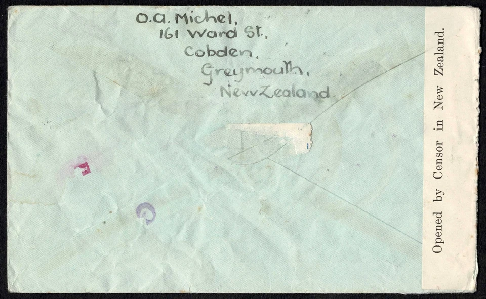 Correo aéreo de Nueva Zelanda 1941, cubierta censurada a Suiza, 5s + 9d Segunda Guerra Mundial Foto 3 de 3