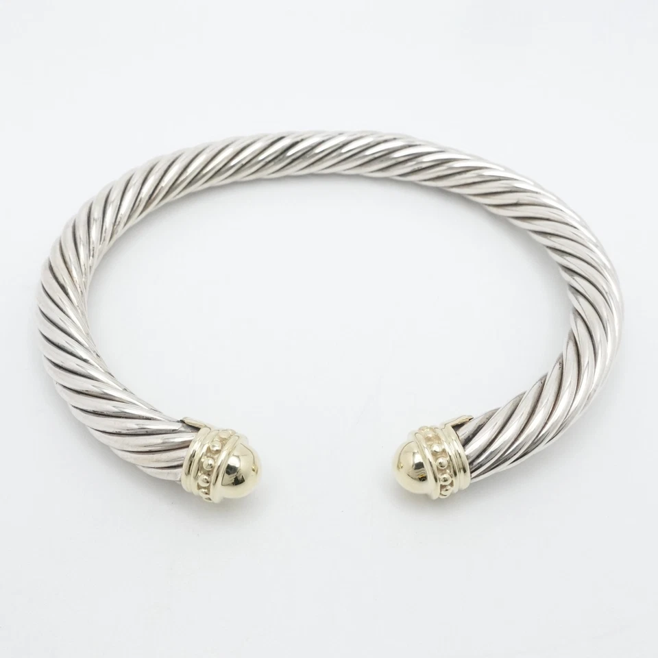 David Yurman Sterling Silver 14K Gold Beaded 7mm Cable Cuff Bracelet 7.5" Wrist - Image 2 of 4